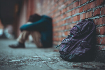 Obraz premium Blurred image of person sitting against brick wall, backpack in foreground, suggesting loneliness or hardship