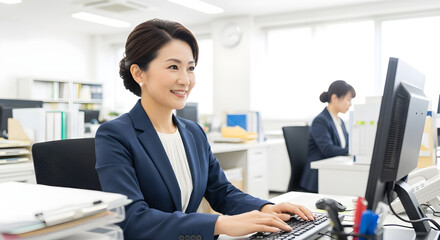 Professional Asian Businesswoman Working at Computer in Bright Modern Office | Confident Office Employee Focused on Task in Corporate Environment