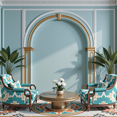 Luxurious classic living room interior, intricate detailing, and decorative wall paneling with vintage-style sconces. The design combines neoclassical elegance with rich patterns and textures, 
