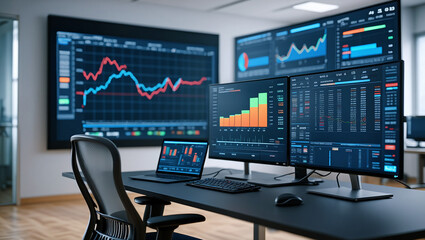 Modern trading office environment featuring financial data charts on multiple computer screens