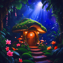 Mashroom home surrounded by lovely scenery in the moon night. 