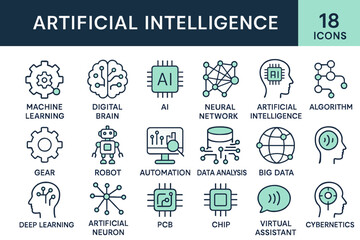 Unique artificial intelligence icon set with machine learning and digital brain symbols