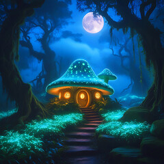 Mashroom home surrounded by lovely scenery in the moon night. 