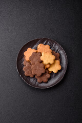 Sweet crispy biscuit with cocoa flavor, baking at home. Biscuit as a dessert