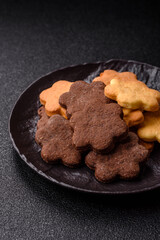 Sweet crispy biscuit with cocoa flavor, baking at home. Biscuit as a dessert