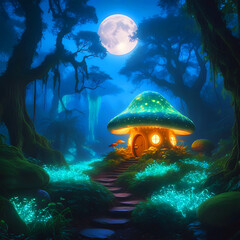 Mashroom home surrounded by lovely scenery in the moon night. 