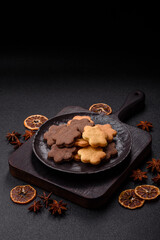 Sweet crispy biscuit with cocoa flavor, baking at home. Biscuit as a dessert
