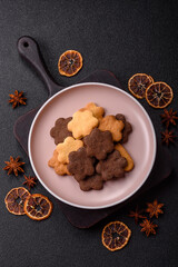 Sweet crispy biscuit with cocoa flavor, baking at home. Biscuit as a dessert
