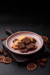 Sweet crispy biscuit with cocoa flavor, baking at home. Biscuit as a dessert