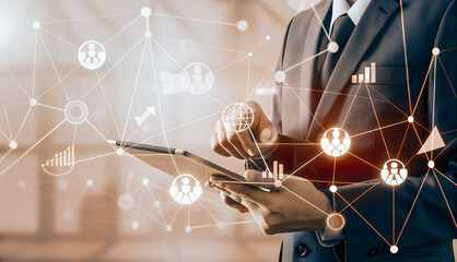 Businessman Using Tablet, Network Data, Global Connections