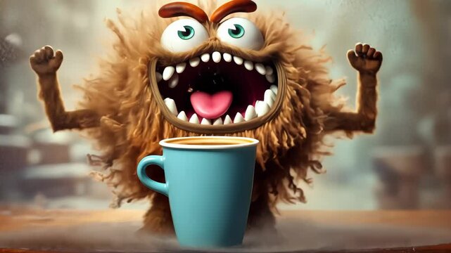 Coffee monster with crazy eyes. Cute character with caffeine energy, very excited