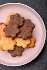 Sweet crispy biscuit with cocoa flavor, baking at home. Biscuit as a dessert