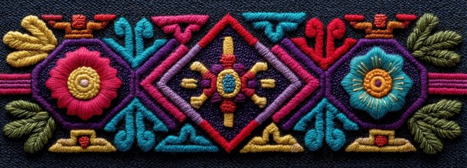 Fototapeta premium Vibrant Peruvian-inspired textile design featuring geometric shapes on a textured surface