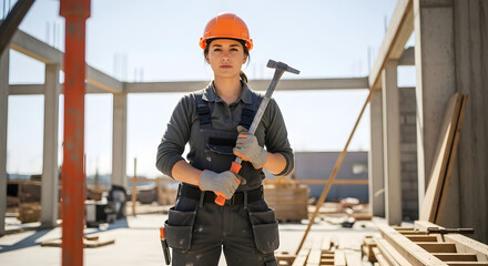 Confident Female Construction Worker Holding Hammer at Job Site | Empowering Women in Skilled Trades | Industrial Building Project with Professional Female Carpenter