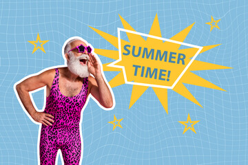 Banner full 3d photo trend image collage of happy old man scream summer time bubble wear pink...