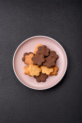 Sweet crispy biscuit with cocoa flavor, baking at home. Biscuit as a dessert