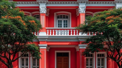 Fototapeta premium A Singapore building has detailed designs and a bright red front. It's an old building in a colonial style.