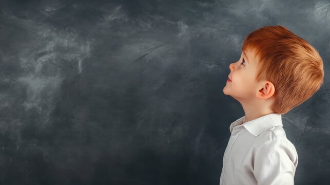 Young boy gazes up with curiosity in front of a chalkboard background