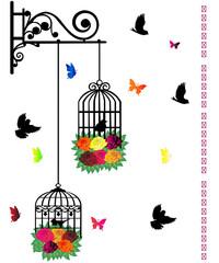 Birds in Cage with Colorful Flowers and Flying Butterflies Illustration