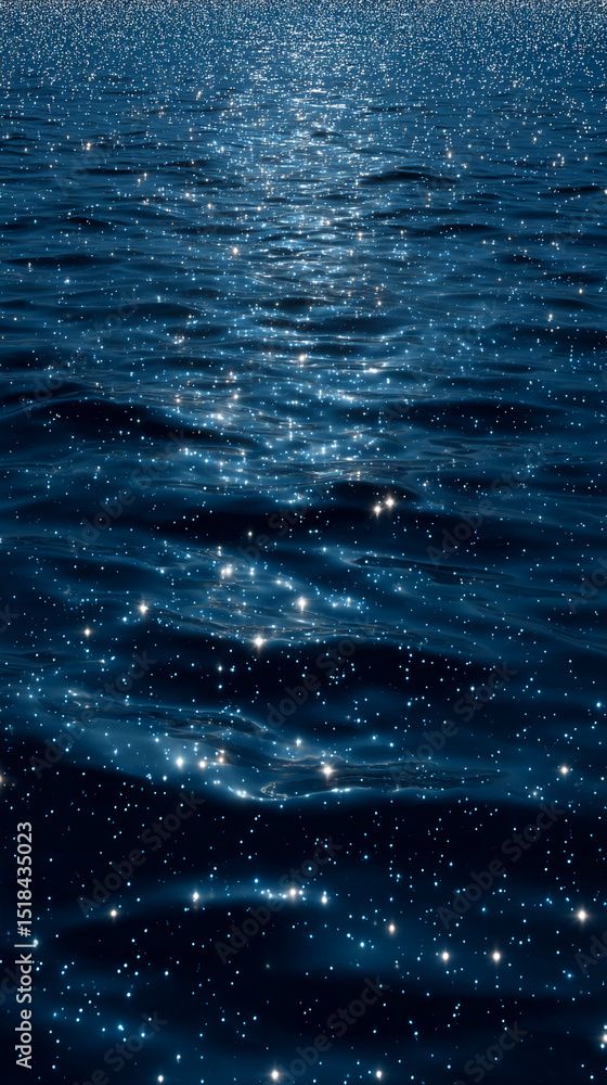 Poster dark blue water surface texture with glittering light reflections, creating a celestial or starry ni