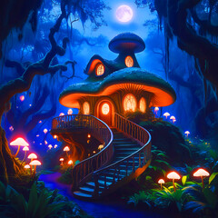 Mashroom home surrounded by lovely scenery in the moon night. 
