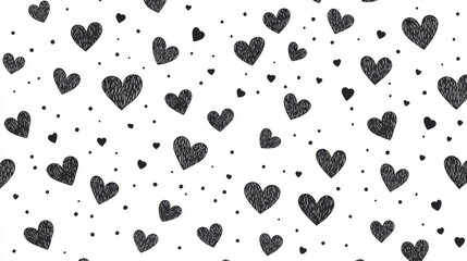 Seamless repeat pattern of small hand-drawn black hearts on white background
