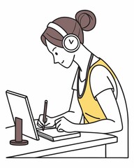 Woman writing in notebook with headphones isolated on white background