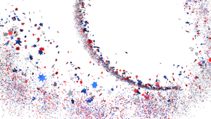 White banner with colorful stars.