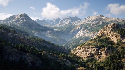 Naklejka premium Misty mountain range panorama a tranquil escape into the wilderness showcasing nature s grandeur