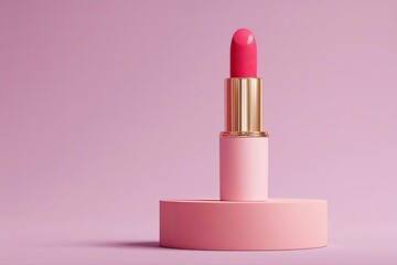 Lipstick pink tube gold band red lipstick on a round stand