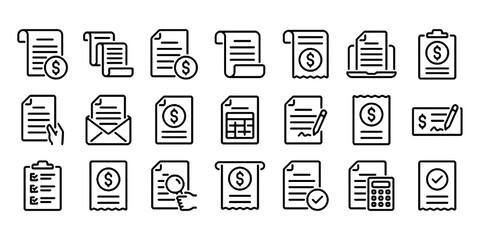 Invoice, bill, receipt, tax and payment concept editable stroke outline icons set isolated on white background flat vector illustration.