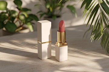 Lipstick stands amidst plants one open exposing gold and a textured red Shadows dapple a textured surface