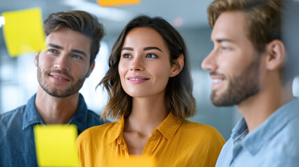 Young coworkers discussing plan with sticky notes on glass wall, sharing ideas and smiling in modern office environment