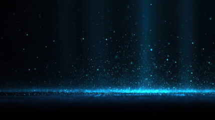 Blue glowing light particles float in dark space, creating magical and mysterious atmosphere with sparkling effects and soft illumination