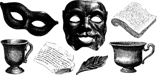 Vintage theatre masks and stage props engraving for classic performance design