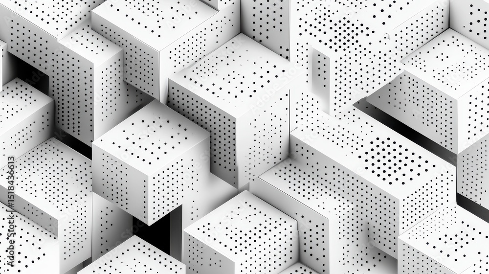 Poster abstract geometric pattern of interconnected cubes with dots at vertices. black lines and dots on a 