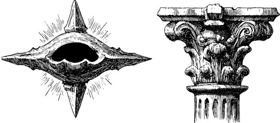 Engraved illustration set of alien artefact and architectural detail for design projects