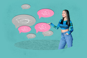 Artwork 3d poster art collage of happy girl guy stand bubble communication chatterbox speech...