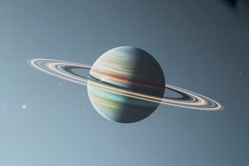 A view of saturn with its rings against a light blue background in space view