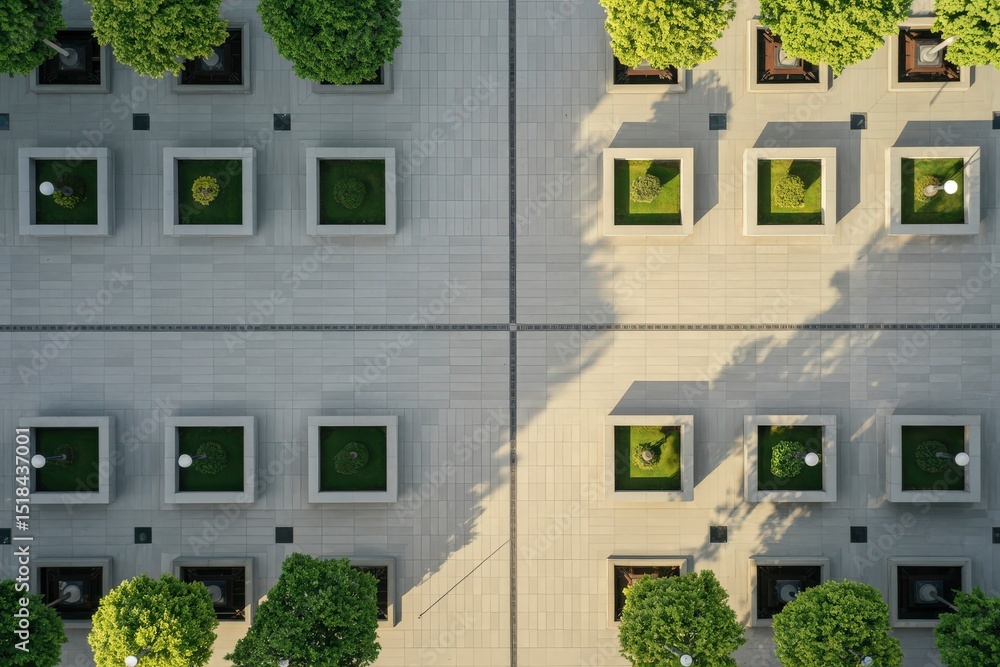 Poster aerial view of a geometrically arranged garden with square planters and trees