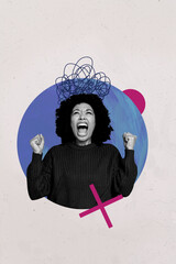 Poster pop collage of person stand with scream messy lines chaos on grey background