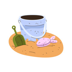 Beach sand with toys for seaside play. Vector sign for summer recreation tools for children like plastic bucket and shovel, form for molding. Coastal vacation, sea or ocean holiday. Outdoor shore game