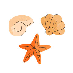 Set of beach shell vector icon. Sea or ocean, tropical or seaside, marine sign. Spiral clam and curved scallop shape. Underwater shellfish and seashell. Summer maritime nature. Aquatic vacation symbol