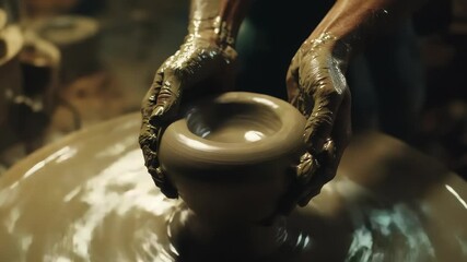 Artisan shaping a clay pot on a spinning wheel: A traditional pottery skill demonstration