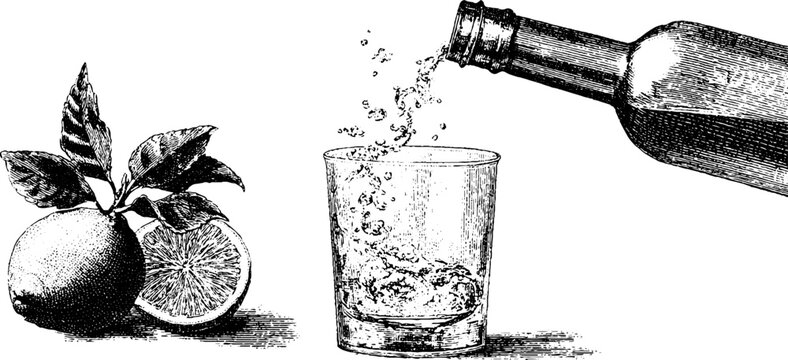 Engraved illustration of aperitif pouring with citrus fruit for beverage design