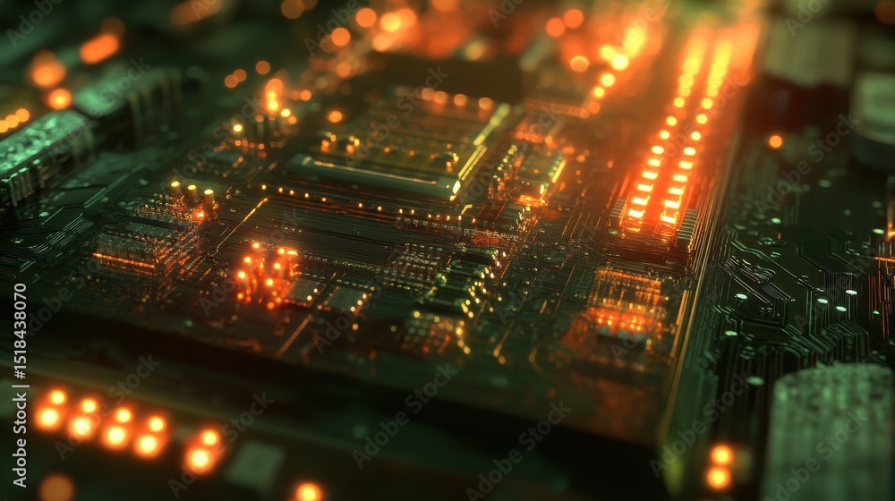 Poster a close up view of microchip on circuit board, showcasing intricate details and glowing connections