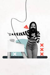 Trend image vertical photo collage of angry activist girl scream megaphone point paper sheet tear...