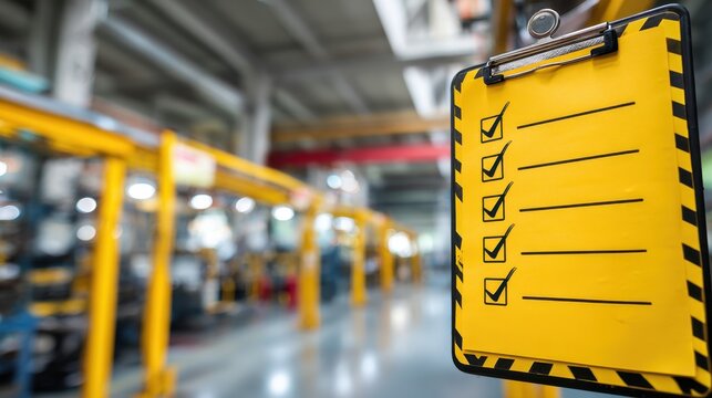 environmental checklist displayed in a production area with a blurred background of machinery, emphasizing workplace safety and organization