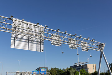 Traffic line above the highway with multiple sensors for speed control and license plate...