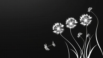 A greyscale closeup shot of a dandelion with a black background illustration , no logos, no brands